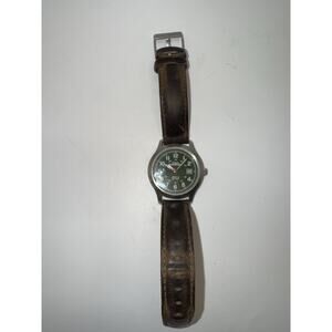 Timex Expedition Mens Green Dial Watch Indiglo Date 50M Leather Strap